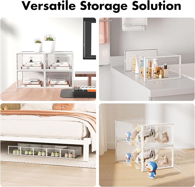 Foluck Shoe Storage Box, 15 Pack Clear Plastic Stackable Organizer for Closet, Interlocking Design Shoes Container Bins for Sneakers, Foldable Shoe Rack with Lids, White - Image 6