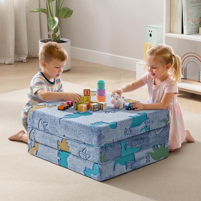 MeMoreCool Glow Dino Kids Foldable Floor Mattress Trifold, 57x22 Inch Blue | Glow dino trifold mattress for kids room, playroom, reading nook and travel - Image 5
