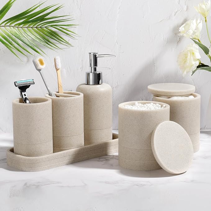 Bathroom Accessories Set, 6-Piece Bathroom Accessory Set, Toothbrush Holders Set, Soap Dispenser, Vanity Tray, Tumbler, Cotton Swab Jars, Bathroom Organizer for Modern Bathrooms(Beige) - Image 2