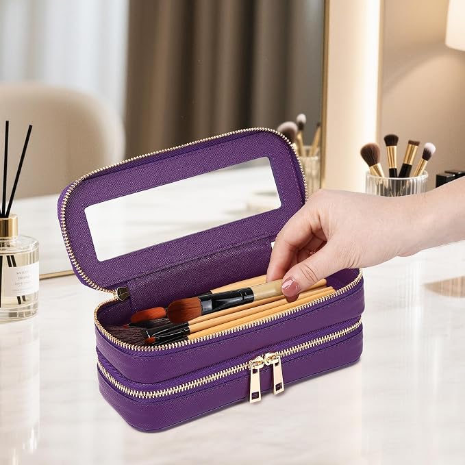 Double Layer Makeup Bag Makeup Brush Case Waterproof Travel Cosmetic & Toiletry Bag Purse Organizer and Car Essentials for Women (D.Purple, 2-Layer SLIM) - Image 2