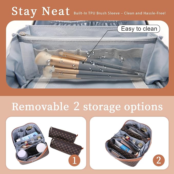 BOYATU Travel Makeup Bag Cosmetic Bags for Women: 3 Pcs Set Large Portable Make up Bag with Handle - Vegan Leather Toiletry Bags with Compartments - Makeup Organizer for Travel Essentials(A-1-Coffee) - Image 4