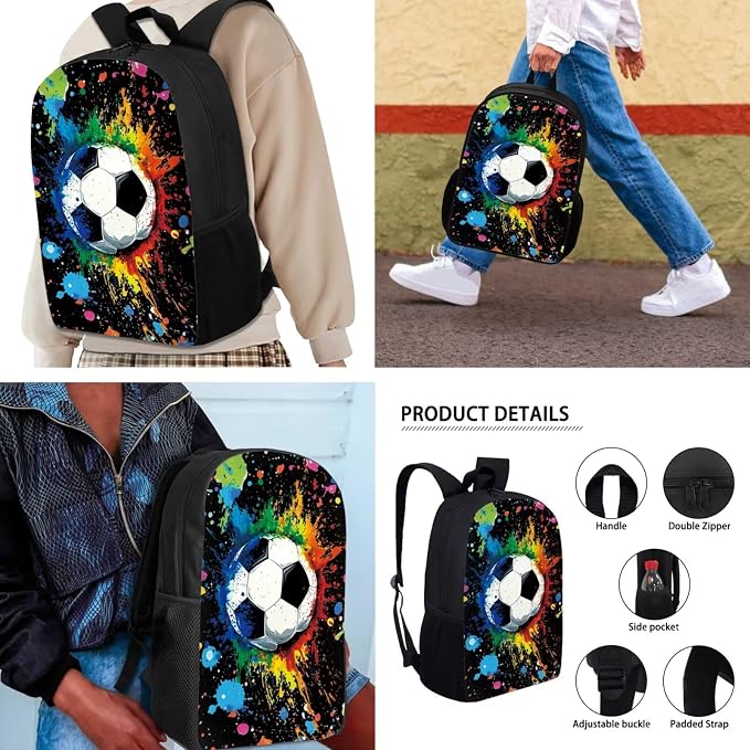 Mumeson Football Student 17 inch Backpack Schoolbag Set Rucksack for Girl Boys Large Capacity Organizer Book Bags with Insulated Thermal Lunch Bag Small Pencase - Image 4