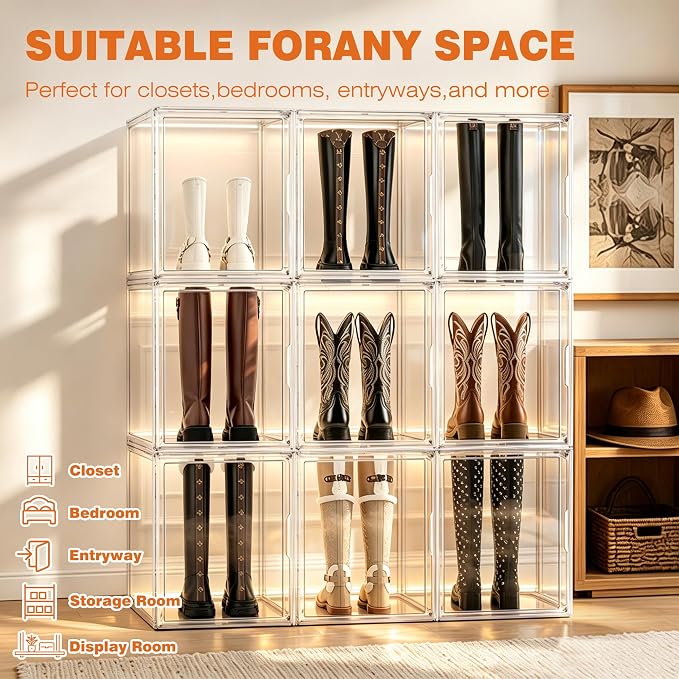 5 Pack XXX-Large Extra Large Acrylic Display Case 17.3'' x 13'' x 13'', Transparent Sneaker Boxes Clear Plastic Stackable Boot & Shoe Boxes Large Showcase for Helmet, Handbag, Figures Collectibles - Image 7