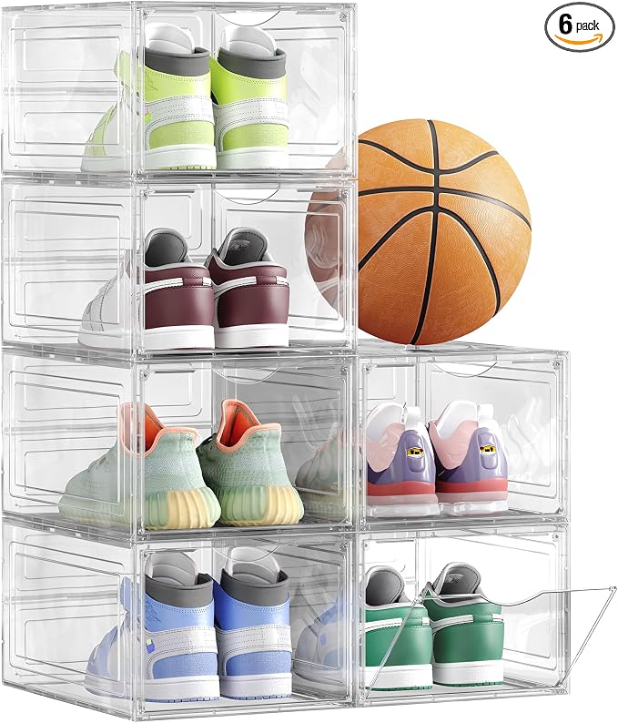SONGMICS Shoe Boxes, Set of 6, Clear Plastic Shoe Storage, Stackable Sneaker Box, Drop Front Door, Up to US Size 11, Easy Assembly, 13 x 9.8 x 7.1 Inches, Transparent White ULSP032W06 by Unknown