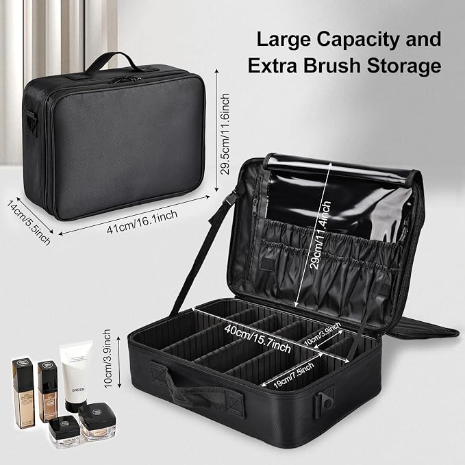 Professional Makeup Train Case with Brush Holder, Large Makeup Travel Bag Organizer, Portable Cosmetic Carry Case 3 Layer Makeup Artist Storage Box with Adjustable Dividers and Shoulder Strap, Black - Image 2