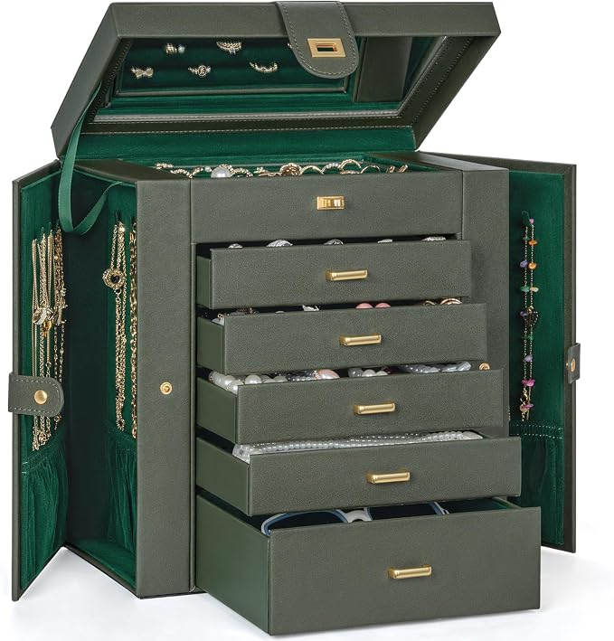 AKOZLIN 6-Tier Jewelry Box Organizer Functional 5 Drawers Leather Jewelry Storage Case for Women Girls Ring Necklace Earring Bracelet Holder Organizer with Mirror Extra Large Darkgreen by AKOZLIN