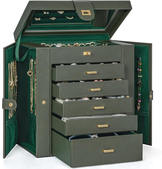 AKOZLIN 6-Tier Jewelry Box Organizer Functional 5 Drawers Leather Jewelry Storage Case for Women Girls Ring Necklace Earring Bracelet Holder Organizer with Mirror Extra Large Darkgreen by AKOZLIN