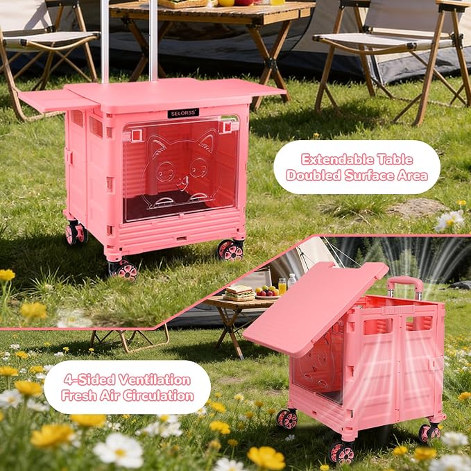 FELICON SELORSS Folding Utility Cart Portable Rolling Crate Handcart-Pink | Magnetic Sliding Lid+Lockable Transparent Front Panel,Telescoping Handle,4 Swivel Wheels Tote for Travel Shop Office Teacher - Image 6