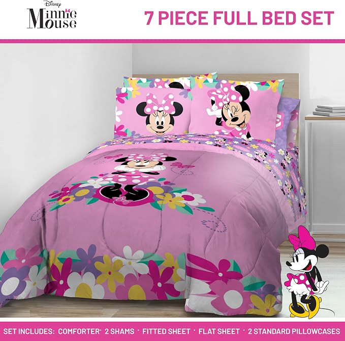 Disney Minnie Mouse Full Size Comforter Set 7 Piece Kids Bedding, Pink | Bed in a Bag, Comforter Sheets Shams Pillowcases, Official Brand, Soft Microfiber, Machine Washable, Girls Gift - Image 2
