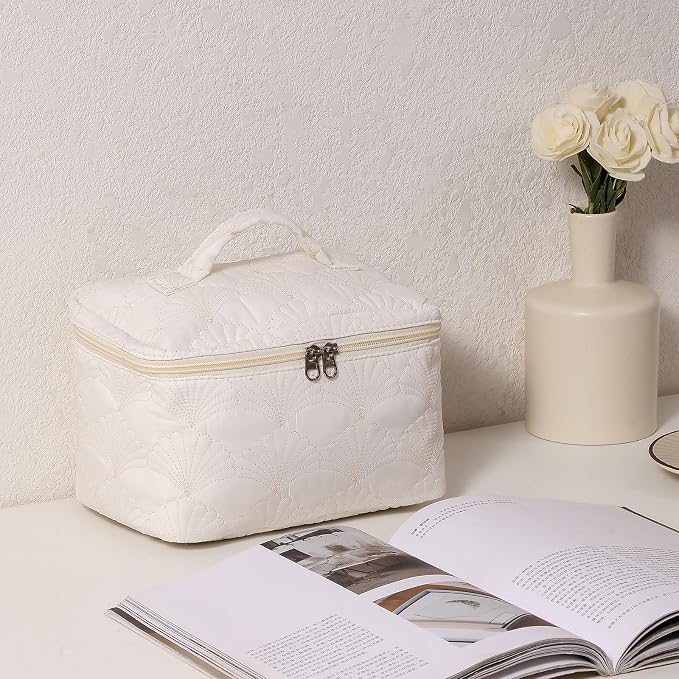 RSRSLEII 3Pcs Quilted Cotton Coquette Makeup bag, Coastal Granddaughter Aesthetic Cosmetic Bag, Cute Seashell Portable Travel Toiletry Pouch (08 3Pcs White) - Image 7