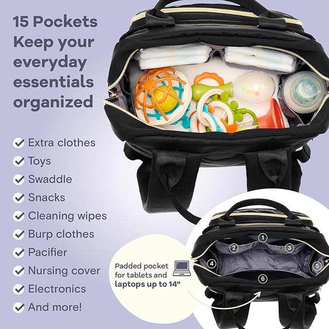 RUVALINO Diaper Bag Backpack, Multifunction Travel Pack Maternity Baby Changing Bags, Large Capacity, Waterproof, Deep Black, Polyester - Image 4