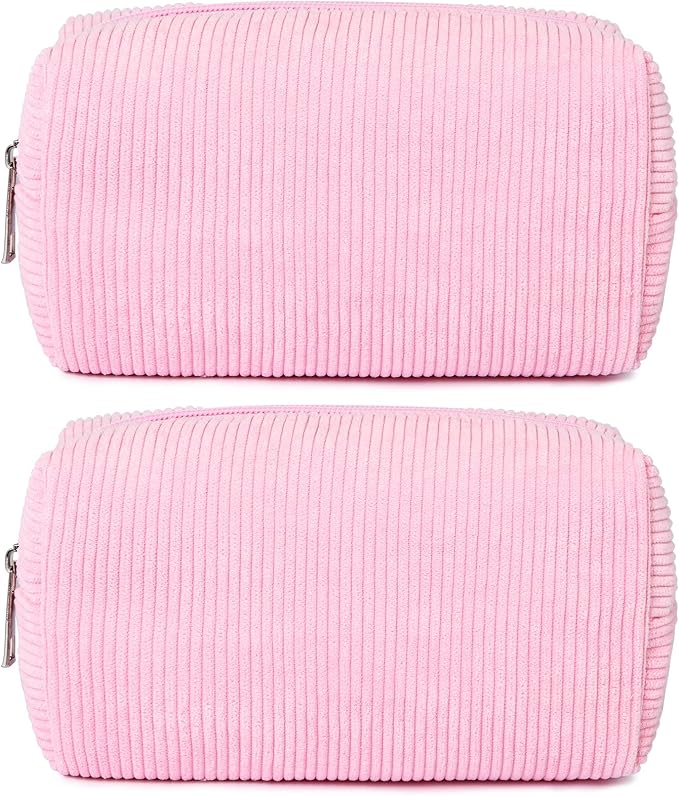 SOIDRAM 2 Pack Corduroy Makeup Bag for Women, Pink Makeup Pouch Small Cosmetic Bag Travel Toiletry Organizer for Skincare, Brushes & Essentials by SOIDRAM
