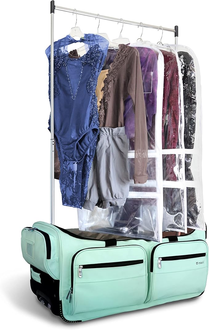 Mavii Dance Bag with Garment Rack, 28 Inch Rolling Duffel, Ideal for Competitions & Travel, Water-resistant/Wipe-clean Fabric, Lightweight Aluminum Rack, Wheeled Upright Luggage, Mint - Image 5