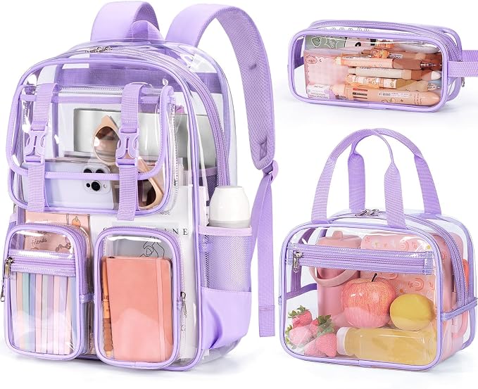 Fimibuke Clear Backpack for Girls - 3 PCS Heavy Duty Kids Clear Bags Schoolbag Large Transparent PVC Bookbag with Lunch Box Pencil Case Set for Travel School Concert Stadium Events Backpacks by Fimibuke