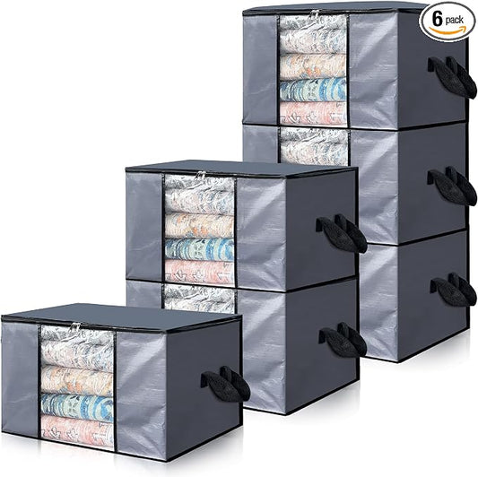 Cosy Family 6 Pack 90L Heavy Duty Extra Large Moving Bags with Reinforced Handle - Strong Handles & Zippers, Storage Totes For Space Saving, Fold Flat, Alternative to Moving Box, Grey by Cosy+Family