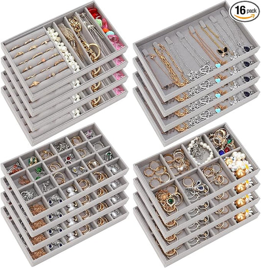 Tondiamo 16 Pcs Velvet Jewelry Drawer Organizer Trays Bulk 8.39 x 4.88 x 0.94 Inch Grey Stackable Jewelry Storage Inserts Set Tray Set with Removable Divider for Earrings Necklaces Bracelets by Tondiamo