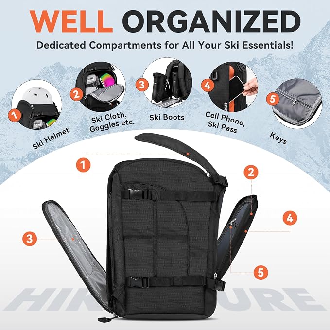 Hikenture Ski Boot Bag Backpack, 50L Padded Ski Bag & Snowboard Boot Bag with Drain Holes, Large Capacity Water-Resistant Ski Travel Bag for Ski Boots, Helmet, Goggles, Clothes, Gloves, Snowboard Gear - Image 4