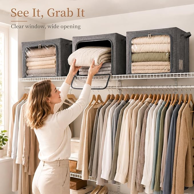 GoMaihe 3 Opening Clothes Storage Bins with Metal Frame, 40L Sweater Storage Organizer for Upper Shelf Closet Storage Boxes with Clear Window for Hoodies Jeans Towel 3-Pack Grey - Image 6