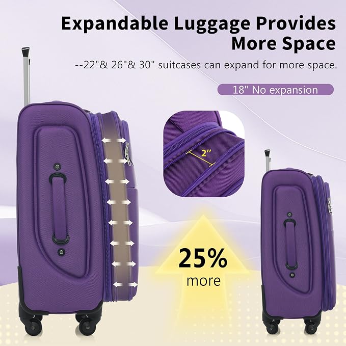 Merax Softside Luggage Set 4 Piece Expandable Travel Suitcase,Purple | Durable and lightweight expandable luggage with TSA lock, front pockets and spinner wheels for travel.(18" 22" 26" 30") - Image 4