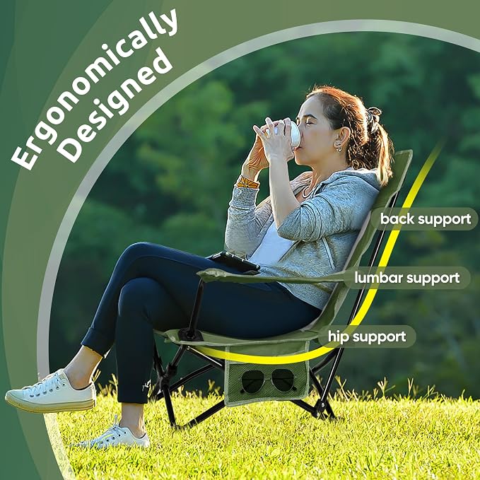 HaSteeL Folding Beach Chair Set of 2, Foldable Green Camping Chairs for Outside, Low Beach Chair Portable for Adults Fishing, Picnic, Outdoor BBQ, Travel, Sports, Cup Holder & Storage Bag - Image 4