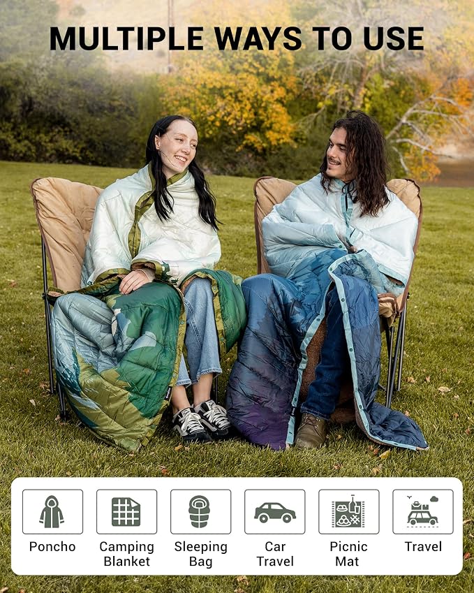 KingCamp Large Camping Blanket with Sherpa Lining, Packable Down Alternative Puffy Printed Wearable Blanket with Snap Buttons, Warm Weatherproof Quilt for Outdoor Travel (79" L x 57" W, Green) - Image 6