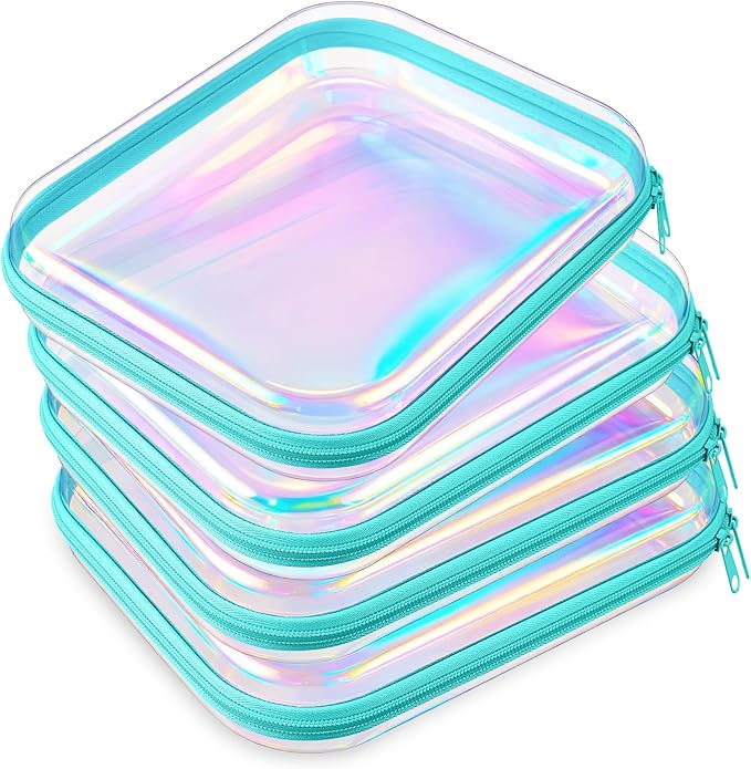Hoolerry 4 Pcs Hard Clear Zipper Case Makeup Bags Plastic Zipper Pouch Transparent Storage Box Containers for Cosmetics, Snacks, Building Blocks, Puzzles(Clear,9.8 x 7.9 x 2 in,Blue Laser) by Hoolerry