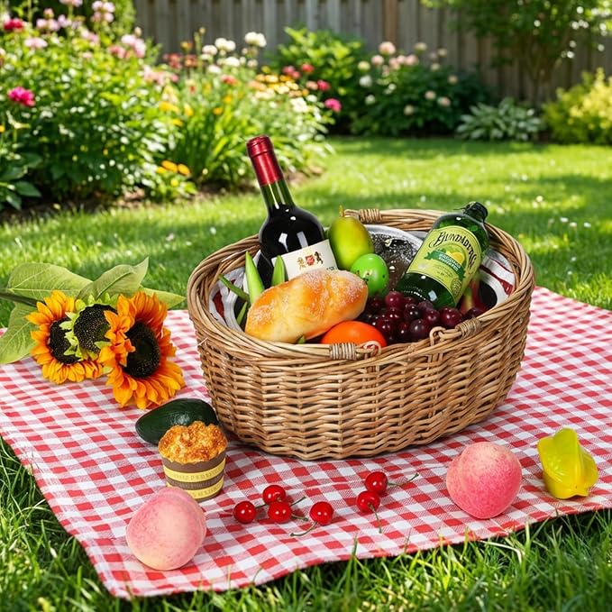 Wicker Picnic Basket with Insulated Lined Bag 15“ x 11” x 7“ Red, White Star Stripe Pattern, Iced Beer Insulated Bag for Camping, Picnics, Birthday Gifts, Wedding Gifts - Image 10
