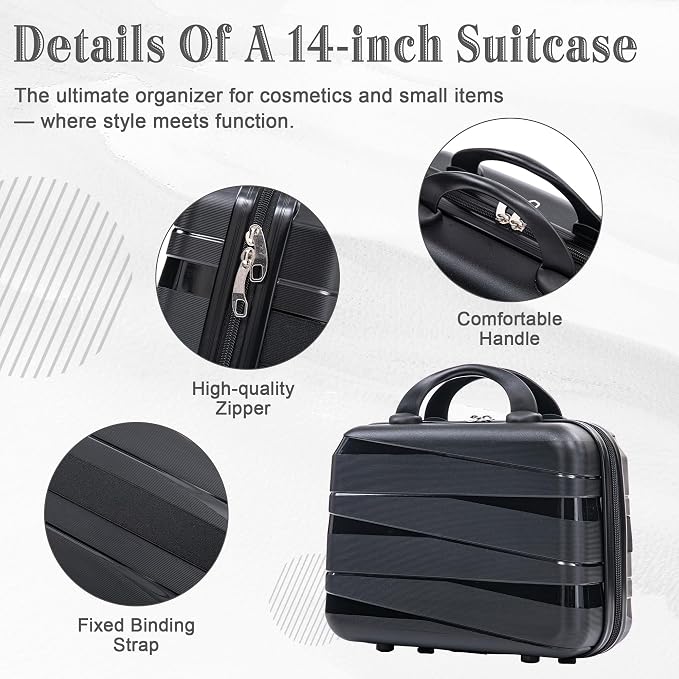 4-Piece PP Hardshell Luggage Set with 14" Cosmetic Case, 20"/24"/28" Spinner Suitcases, Carry On with Iron Telescopic Handle, Combination Lock, 360° Double Silent Wheels, Waterproof Travel Set, Black - Image 8