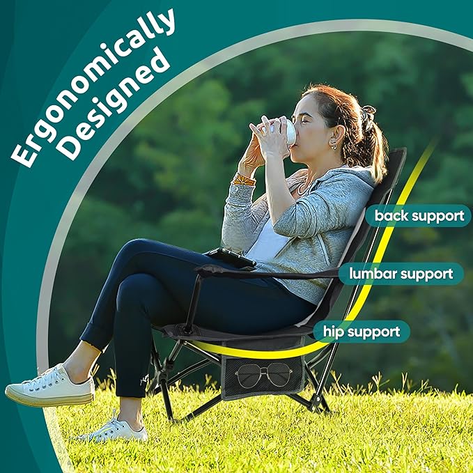 HaSteeL Folding Beach Chair Set of 2, Foldable Black Camping Chairs for Outside, Low Beach Chair Portable for Adults Fishing, Picnic, Outdoor BBQ, Travel, Sports, Cup Holder & Storage Bag - Image 4