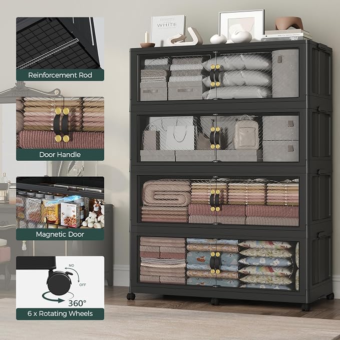 400Gal/1600QT 5-Tiers Extra Large Stackable Storage Bins with Lid, Collapsible Cabinet Closet Organizer Plastic Container Box with Wheels Doors Drawers for Office Dorm Kitchen, Black - Image 5