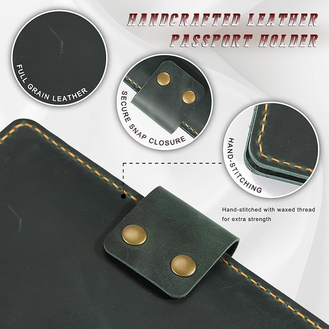 Handmade Genuine Leather Family Passport Holder | Travel Document Organizer Holds 4 Passports | Vintage Wristlet Wallet with Credit Card Slots (Green) - Image 4
