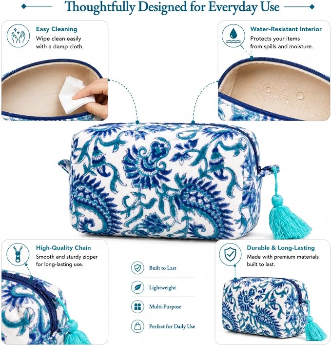 Travel Makeup Bag- Large Capacity Cosmetic Bags for Women - Water Resistance Lining Portable Pouch & Open Toiletry Bag - Perfect Girls Makeup Organizer for Travel Essentials (Velvet Ocean Whisper) - Image 3