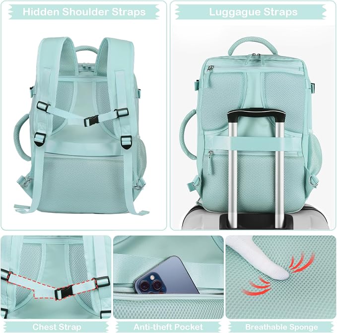 Hanples Large Travel Backpack for Women as Person Item Flight Approved, 35L Carry on Backpack, 17 Inch Laptop Backpack, Waterproof Backpack,Casual Bag with 2 Toiletry Bags (Mint Green) | 35L Carry on Backpack, TSA Flight Approved Anti Theft Travel Bag,... - Image 6