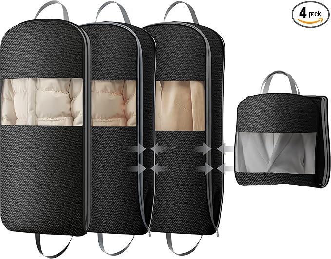DIMJ 4 Pack 43" Space Saving Garment Bags for Hanging Clothes With Compression Zipper Carry Handles and Window, Washable Suit Bag for Dress, Clothes, Coats, Down Jacket, Closet, Moving, Travel by DiMJ