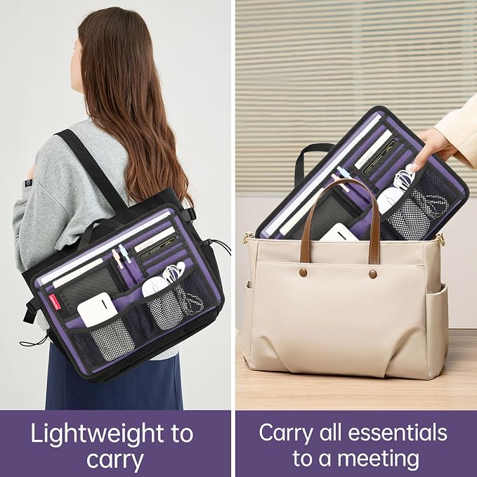 Slim Rugged Organizer Insert for Briefcase Messenger Tote Bag-13 Pockets,Durable Padded Nylon,Handle - Purple - Image 2