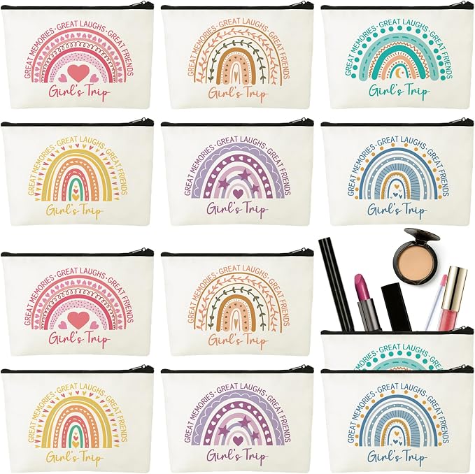 Sweetude 12 Pcs Girls Trip Makeup Bags Bulk Girls Weekend Gifts Rainbow Makeup Bag Portable Travel Cosmetic Bags with Zipper Bachelorette Travel Storage Pouch for Women Friendship Bestie Party Favors by Sweetude