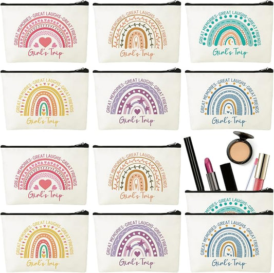 Sweetude 12 Pcs Girls Trip Makeup Bags Bulk Girls Weekend Gifts Rainbow Makeup Bag Portable Travel Cosmetic Bags with Zipper Bachelorette Travel Storage Pouch for Women Friendship Bestie Party Favors by Sweetude
