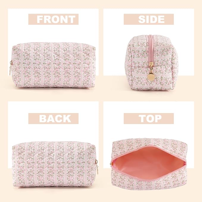 3PCS Makeup Bag Travel Toiletry Bag for Women, Small Cosmetic Bags Aesthetic Organizer Quilted Cotton Makeup Pouch & Purse Emergency Bag Floral Pencil Case Accessory Bag, Pastel Pink - Image 3