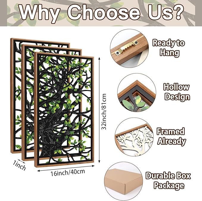 CHDITB Wooden Tree of Life Framed Wall Art(Set of 3, 16"x32"), 3 Panel Rustic Birch Green Leaves Hollow Laser Cut Artwork Decor, Modern Family Tree Wall Sculpture for Living Room Bedroom