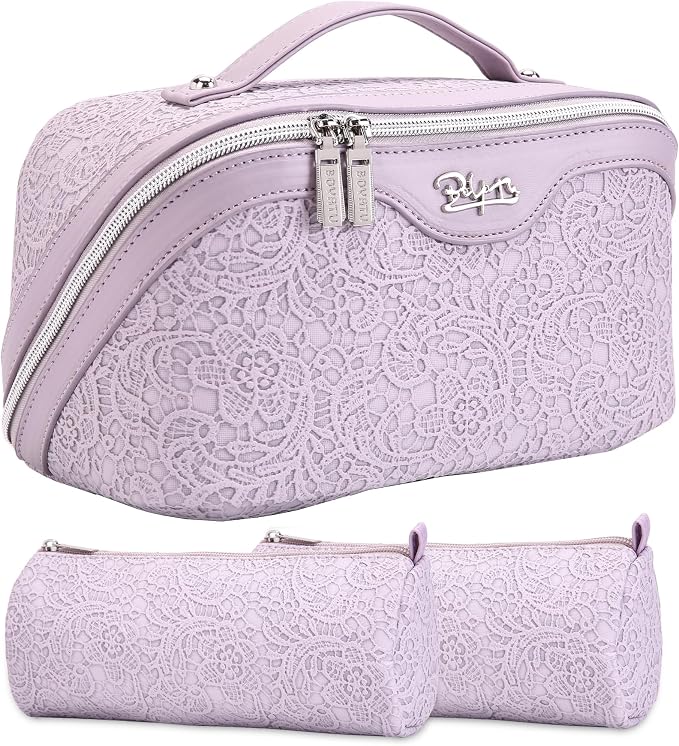 BOYATU Travel Makeup Bags Cosmetic Organizer Bag: 3-Set Large Capacity Make up Bag - PU Leather Toiletry Bags for Women - Wide Open Portable Pouch with Divider & Handle (A-Violet) by BOYATU