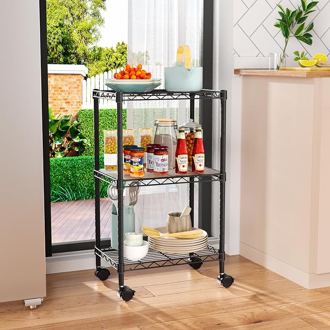 Golpart Small 3 Tier Shelves Storage Wire Shelving Unit Metal Shelf Adjustable Organizers Storage Shelving with Wheels for Bathroom Laundry Room Kitchen Pantry11.7”D x 17.7”W x 30.7”H Black - Image 2