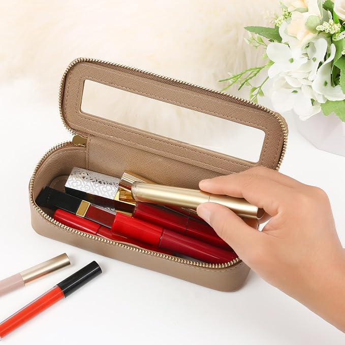Aveniee Clear Makeup Brush Bag, Slim Cosmetic Brush Holder, Small Travel Toiletry Bag for Women, Thin Make up Bags with Dual Zipper, Mini Travel Essentials Organizer - Taupe - Image 2