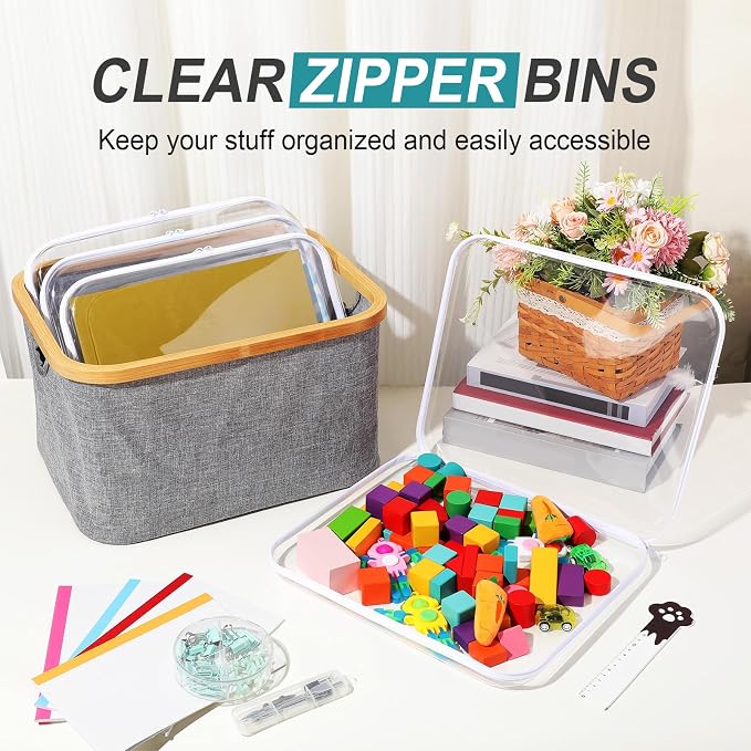 Hoolerry 4 Pcs Hard Clear Zipper Case Makeup Bags Plastic Zipper Pouch Transparent Storage Box Containers for Cosmetics, Snacks, Building Blocks, Puzzles(Clear,13.8 x 11.8 x 2 in,White) - Image 5