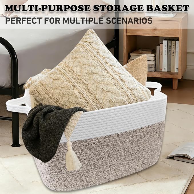 65L Collapsible Woven Rope Laundry Basket with Handles-White/Brown | 21x16x12 Foldable Rectangular Blanket Basket for Toys, Clothes & Pillows,Ideal for Nursery, Bathroom, Bedroom, Living Room - Image 6