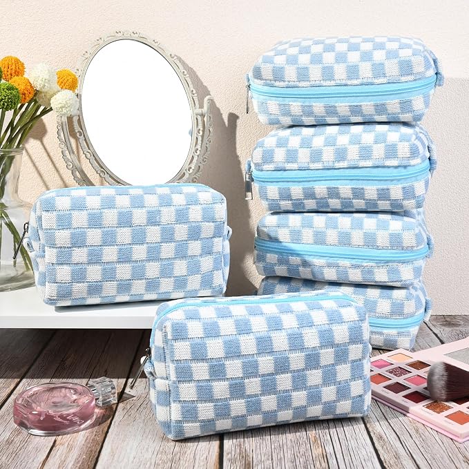 SOIDRAM Checkered Makeup Bag Preppy Cosmetic Bag Bulk Blue Makeup Pouch Personalize Travel Toiletry Bag Organizer Cute DIY Makeup Brushes Storage Bag for Women - Image 4