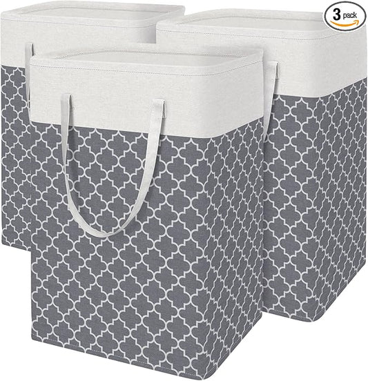 BlissTotes 3-Pack Laundry Basket, Freestanding＆Waterproof Laundry Hamper, Collapsible Tall Clothes Hamper with Easy Carry Handles for Clothes, Towels in the Family and Dorm,Clover Grey,75L by BlissTotes