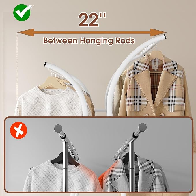 Raybee Heavy Duty Clothes Racks for Hanging Clothes, Clothing Rack with Wheels Load 360LBS, Portable Double Rod Garment Racks for Closet, Bedroom, Commercial Use, 69''H*52''W*20''D, White - Image 3