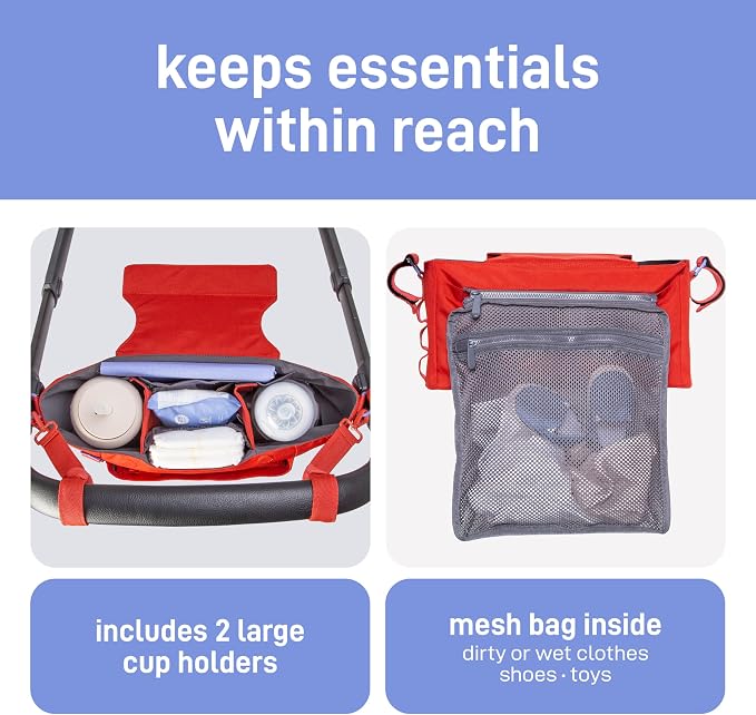 Ubbi Fleuri Anywhere Stroller Organizer, Features Front Zippered Pocket, 2 Cup Holders, Mesh Bag, Fits Most Strollers, Wild Poppy - Image 4