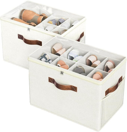 2 Pack Shoe Organizer for Closet, Foldable Shoe Storage with Adjustable | Farbic shoe storage organizer box bin with clear cover, fits up to 16 pairs, shoe storage box for closet, entryway, beige by BuddingJoy-BuildaJoyfulLifeforYou