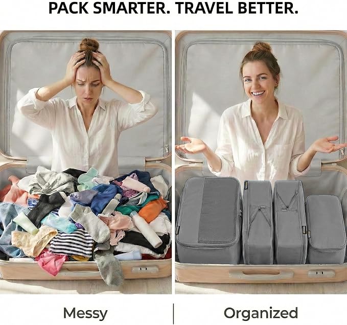 4 Piece Compression Packing Cubes for 3–7 Day Travel, Space Saving Travel Organizers with Breathable Mesh, Double-Zipper Packing Cubes for Carry-On & Suitcases (Silver) - Image 4
